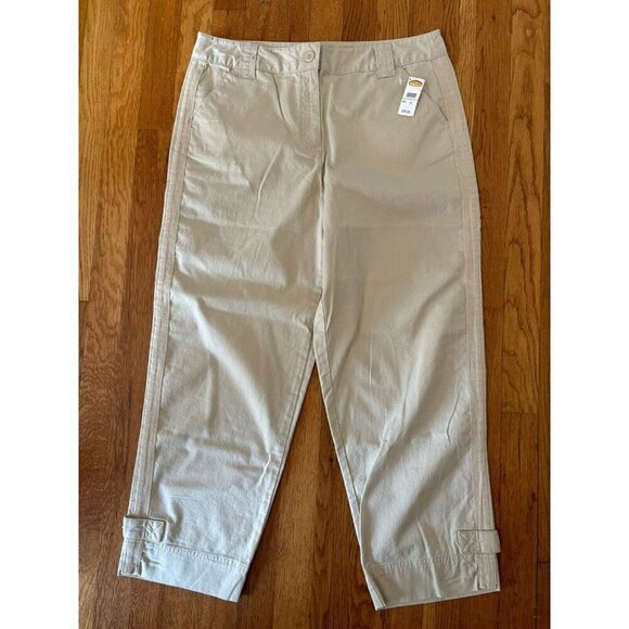NWT Talbots Womens Size 12 Khaki Pants Tuxedo Stripe Stretch Cotton Blend Ankle - Picture 1 of 5